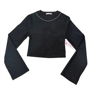 Esley Collection Black Stud-Embellished Cropped Long-Sleeve Top